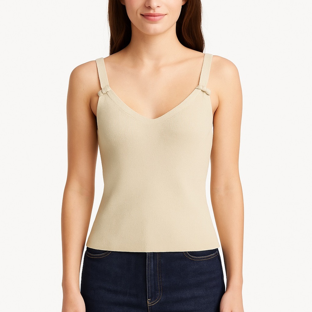INC Beige Ribbed Knit Camisole With Bows